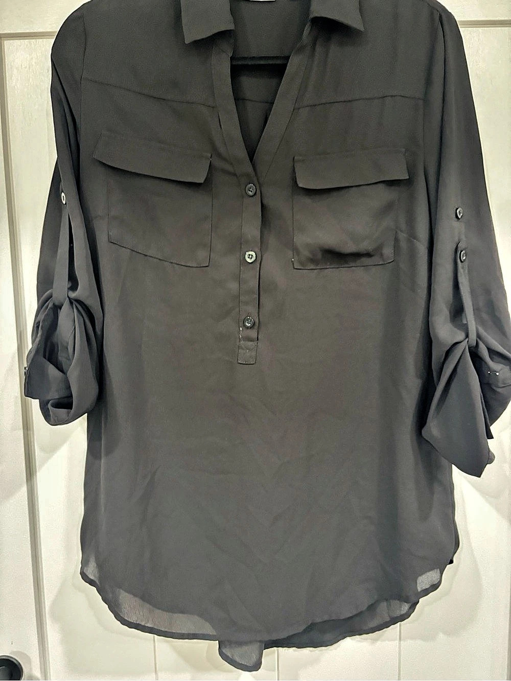 New York & Company Roll-Tab Sleeve Blouse in Black Size Medium